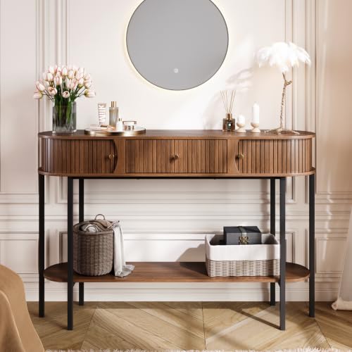 47.2" Entryway Table with Drawer and Storage, Narrow Console Table with Sliding Tambour Doors, Fluted Console Table Behind Couch for Hallway, Foyer, Living Room, Walnut, 220lbs Capacity