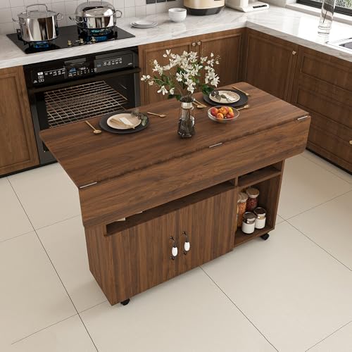 KEIKI 47 Inch Foldable Dining Table, Multi-Functional Folding Table with Storage Shelves and Wheels, Drop Leaf Extendable Dining Desk, Versatile Foldable Side Table for Kitchen, Dark Walnut - color: Drak Walnut