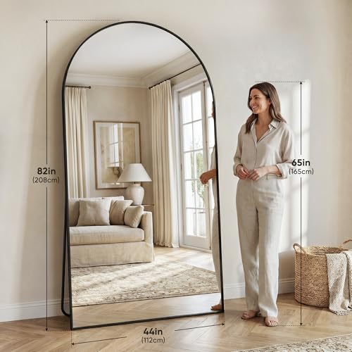 44"×82" Arched Full Length Floor Mirror, Standing Mirror with Aluminum Frame, Large Body Mirror of Free Standing/Wall Mount/Leaning for Bedroom, Living Room, Dressing Room, Black - color: Black, size: 82"L x 44"W