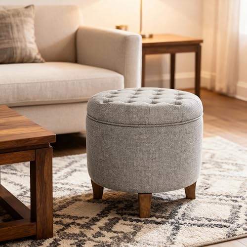 HomePop 19" Button Tufted Round Storage Ottoman - Gray Fabric - color: Gray Fabric