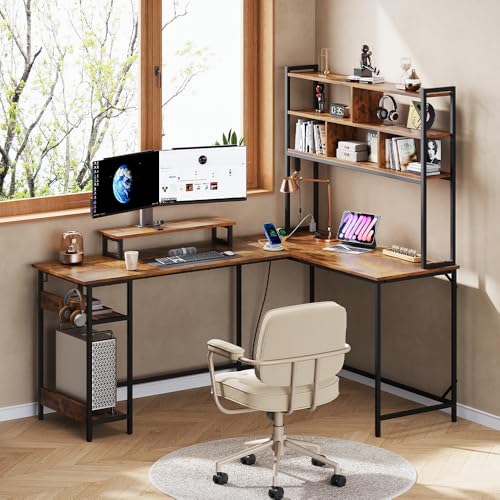 DEVAISE 66 Inch L Shaped Gaming Desk with Drawers and Storage, Corner Desk with LED Lights, Power Outlets, Computer Desk with Monitor Stand, Office Desk for Home, with Hutch, Rustic Brown - color: Rustic Brown, size: 66 Inch with Hutch