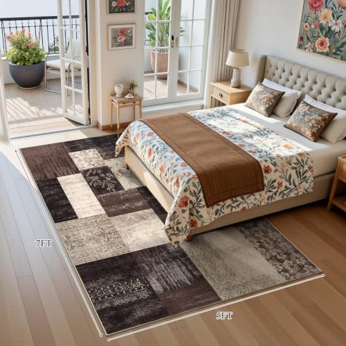 5x7 Area Rugs for Living Room, Washable Non Slip Bedroom Rug, Soft Low Pile Large Modern Geometric Carpet Indoor for Dining Room Kids Room Nursery Office - color: Brown, size: 5' x 7' (Rectangular)