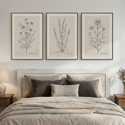 Framed Farmhouse Botanical Canvas Wall Art for Living Room, 3 Piece Large Vintage Neutral Floral Line Artwork for Walls, Minimalist Rustic Sketch Art Prints Paintings for Bedroom Kitchen, 24x36 Inch - color: grey and black, size: 24W" x 36H"x3Pcs