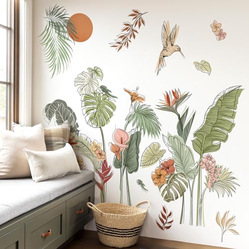 decalmile Boho Tropical Leaves Flower Plants Sun Wall Decals Stickers - color: B