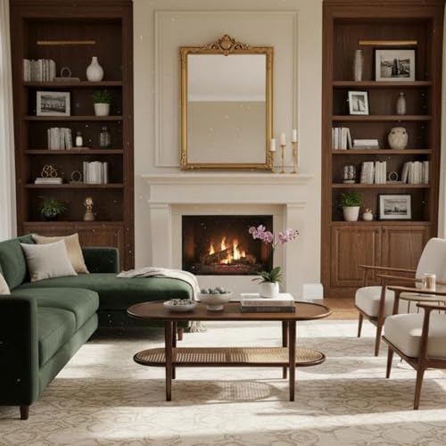 Modern Rattan Coffee Table, 39.5 Oval Walnut Wood Coffee Table with Storage Shelf for Living Room, 2-Tier Center Table Entryway Table Side Table Nightstand for Bedroom Office Small Space Cafe - color: Walnut