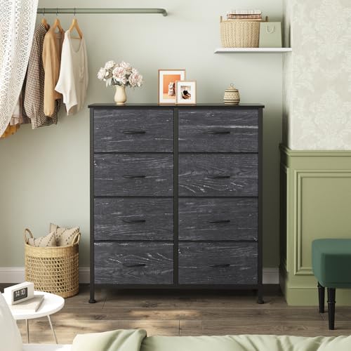 Sweetcrispy 8 Drawer Fabric Dresser for Bedroom, Tall Dresser, Black Wood | Chest of Drawers with Sturdy Steel Frame and Wooden Top, Storage Organizer with Easy Pull Handles - color: Black Wood Grain, size: 11.8"D x 30.9"W x 36.4"H (8 Drawers)