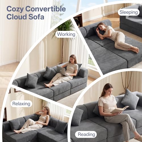 112" L Shaped Modular Sectional Sofa with Ottoman, Cloud Boneless Couch Deep Seat with 4 Pillows, Oversized Folding Sofa Bed Couches for Living Room Bedroom,No Assembly-Grey - color: Grey, size: 4 Seat
