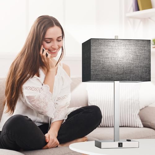 21" Touch Bedside lamps with 2 USB & AC Outlets, 3-Way Dimmable Bedside Table Lamps Set of 2 for Bedroom Living Room Office Reading, Black Shade Lamps for Night Stands, 5000K LED Bulbs Included - color: (2 Pack)-Black Linen& Brushed Nickel(Base)-5000K Bul