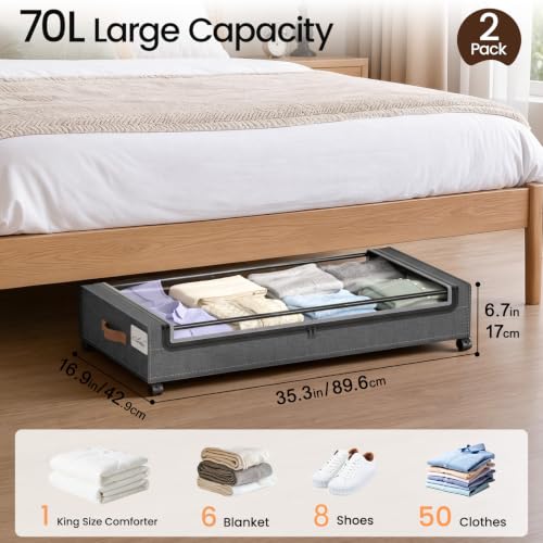 Yecaye 70L Under Bed Storage with Wheels, 2Pack Larger Capacity Under Bed Storage Containers, Underbed Shoe Storage Organizer, Rolling Under Bed Metal Drawers for Clothes, Blankets(35.5 x 17 x 6.7in) - color: Hemp Grey, size: X-Large-70L