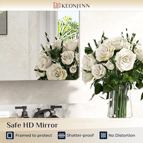 Keonjinn 20 x 32 Inch Chrome Medicine Cabinets for Bathroom with Mirror Adjustable Shelves Stainless Steel Framed Rounded Rectangle Single Door Surface Wall Mounted Silver Bathroom Storage Cabinet | Stainless Steel Framed, Adjustable Shelves, Recessed or