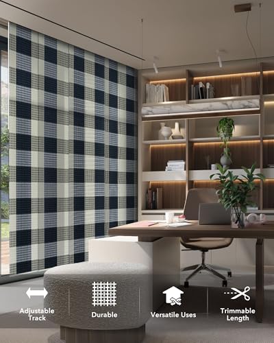 Panel Blinds 45.8"-86" x 96", Classic Navy Gingham Plaid | Natural Woven Navy Gingham Fabric with Adjustable Track, Trimmable Panels for Room Dividers and Sliding Doors - color: Navy Gingham