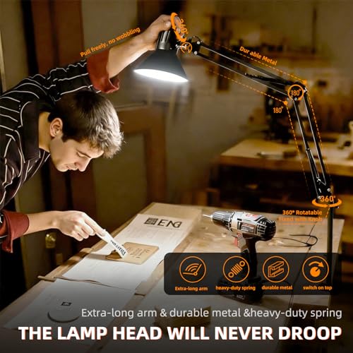 Black Desk Lamp with Clamp, Extra-Tall Adjustable Metal Swing Arm, 5000K | Manicurist Table Lamp for Nail Work, Drafting, Sewing, Crafting, College Dorm and Home Office, A19 Bulb Included - color: Black, size: 5000K Natural Daylight-Extra Long Swing Arm