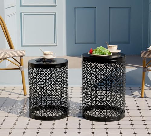 HFHOME Set of 3 Heavy-Duty Round End Table, Side Table, Coffee Table for Indoor Multifunctional Use, Outdoor Decorative Garden Stool Plant Stand-Black - color: Flower Black