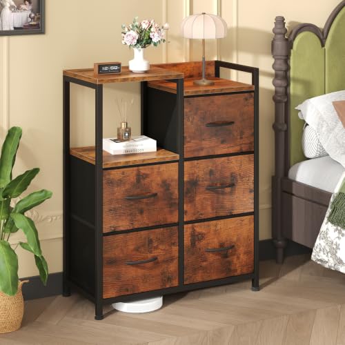 OLIXIS Fabric Dresser, 5 Drawer Rustic Brown Storage Tower with Open Shelf | Fabric Storage Dresser Features 5 Drawers, Open Shelf and Side Cabinet, Organizer for Bedroom, Closet, Hallway & Entryway - color: Brown