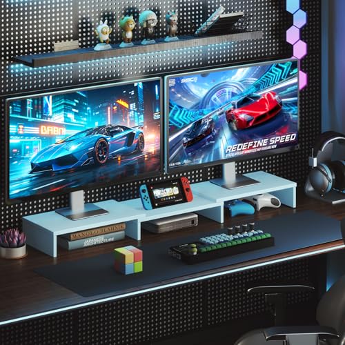 TAVR Dual Monitor Stand Riser, Wooden Computer Monitor Stand for 2 Monitors | Extra Long Multifunctional Desktop Organizer Riser for TV, PC Monitor, Laptop, Printer, Max 43.3" Length, Blue - color: Blue