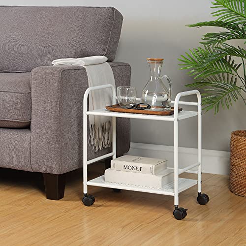 SunnyPoint 2-Tier Metal Rolling Utility Cart – Mobile Storage Shelf with Caster Wheels – Small Space Organizer for Home, Office, Bedroom, Kitchen (WHT) - color: Wht, size: 12" x 16.93" x 19.49"