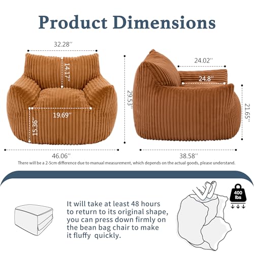 Giant Plush Bean Bag Chair for Adults with Armrests - Oversized Comfy Orange Beanbag Lounge Lazy Floor Sofa Accent Chair for Living Room, Bedroom & Dorm, Cozy Fluffy Single Cloud Mini Couch - color: Orange, size: XL Sofa Chair