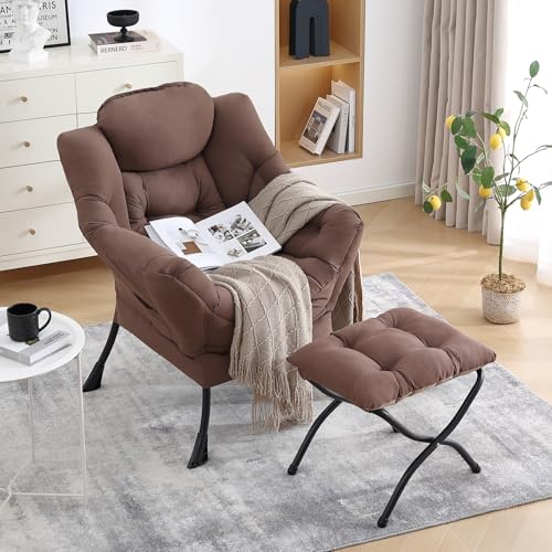 Lazy Chair with Ottoman, Comfy Accent Reading Chair, Dark Brown | Foldable Footrest,Removable Cover,with Armrests and Side Pockets,Upholstered Lounge Chair for Bedroom,Dorm,Office,Small Space - color: Dark Brown