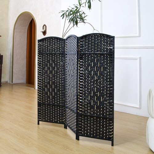 3-Panel Short Room Divider, 3.9 ft Freestanding Partition Wall, Natural Black Rattan Double-Sided Folding Screen for Living Room, Bedroom & Corner Privacy - color: Black, size: 3 Panel