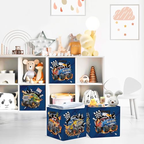 Clastyle 11.8" Car Storage Basket Set of 3 for Kid Boy Toy Clothes Bin | Collapsible Fabric Book Bin, Metal Frame Bottom Board, Cube Organizer, Closet Nursery Pantry Shelf Bedroom, Blue Boy Monster - color: Off-road Vehicle, size: 30x30x30 cm