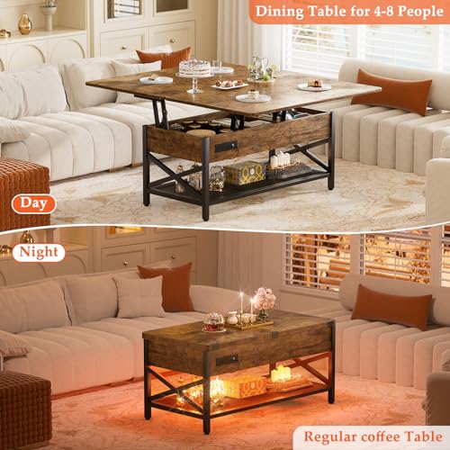 Aheaplus Coffee Table Lift Top with LED Light and Power Outlet, Multi-Function Coffee Table Converts to Dining Table, Center Table with Shelves for Living Room Reception Home Office, Rustic Brown - color: Rustic Brown