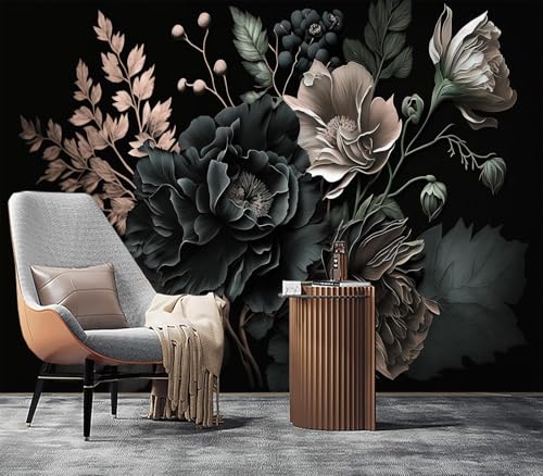 Eierme-Black Background with Flowers and Leaves Mural Wallpaper Peel and Stick 137" x 102" - color: No.14, size: 137" x 102"