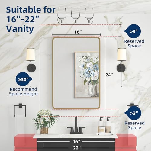 Bathroom Medicine Cabinet with Mirror 16 x 24 Inch, Brush Gold Medicine Cabinet Recessed or Surface Wall-Mounted, Mirrored Cabinets with 2 Adjustable Shelves for Bathroom Vanity - color: Gold, size: 16*24inch