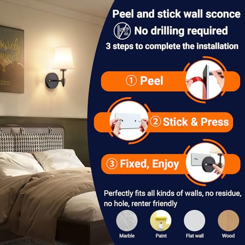 YHCDLAMP Peel and Stick Wall Sconces, No Drilling Stick On Wall Sconce, Wireless Battery Operated Wall Lights, Adhesive Wall Lamp with 10000mAh Battery Bulb for Bedroom Living Room Decor - color: Black-11.8inch