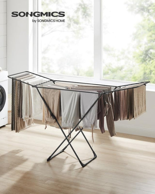 SONGMICS Clothes Drying Rack, Metal Laundry Drying Rack, Foldable, Space-Saving, Free-Standing Airer, with 2 Gullwings, Indoor Outdoor Use, Bed Linen Clothing, Black ULLR540B01 - color: Black, style: 2 Gullwings(19.7"D)