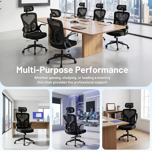 Office Chair Ergonomic Desk Chair with Adjustable Headrest Lumbar Support, High Back Breathable Mesh Chair with 120° Tilt & Flip-Up Armrests, Swivel Comfy Task Computer Chair for Work, Study - color: Black