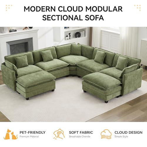 113'' V Shaped Cloud Sectional Sofa, Oversized Deep Seat Couches for Living Room, Chenille Comfy Upholstered Modular Sectional Sofa Couch with 2 Movable Ottoman, Green - color: Green, size: 113'' V Shaped+2 Ottoman