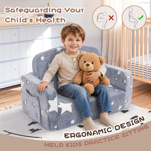 Foryoomi Extra Wide Kids Couch, 2-in-1 Soft Couch with Blanket, Glow in The Dark, Comfy Chair with Cloud Pillow, Convertible Sofa, Star - color: Grey Star