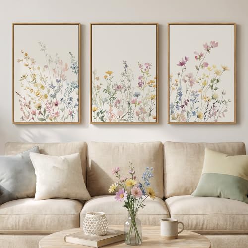Large Framed Botanical Watercolor Floral Canvas Wall Art Bedroom, 16x24 In | 3 Piece, Farmhouse artwork for walls, Wildflower flower, Pastel Picture, Living room print, Nursery painting, Hallway decor - color: beige and purple, size: 16W" x 24H"x3Pcs