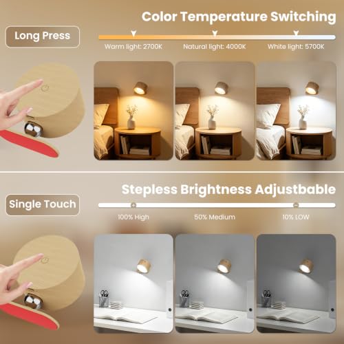 AKSDA 3Pack Battery Operated Wall Sconce, 3 Color Modes 3 Brightness Levels 360°Rotation Lighting Timer Touch & Remote Control, Wall Mounted Lamp LED Wall Lights for Bedroom Reading Bedside (Wood) - color: Wood-3PC