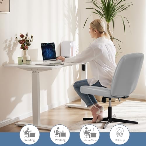 DUMOS Criss Cross Chair No Wheels, Wide Seat Cross Legged Office Desk Vanity Chair, Faux Leather Armless Height Adjustable Swivel Task Computer Chairs for Home, Study, Grey PU - color: Grey Pu