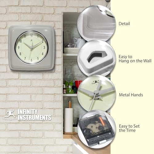 Infinity Instruments Square Retro Wall Clock, Stone Grey, 9.25" - color: Stone Grey
