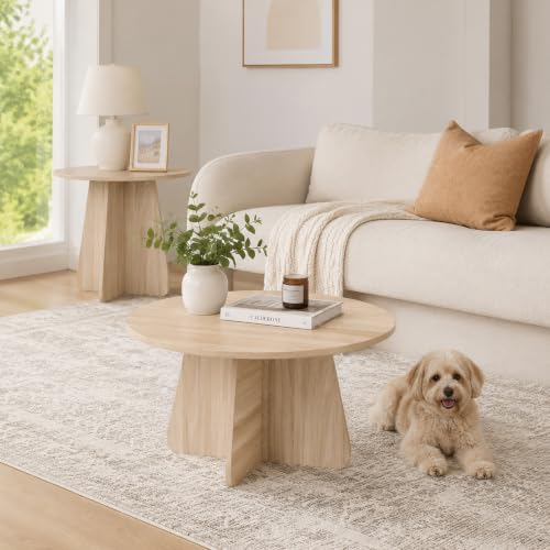 Nesting Coffee Table Set of 2, Round Wooden Coffee & Side Tables with Tapered Base, Natural Wood Finish, Modern Accent Furniture for Living Room Bedroom, Space-Saving Design - color: Natural Wood, size: Nesting Coffee Table Set
