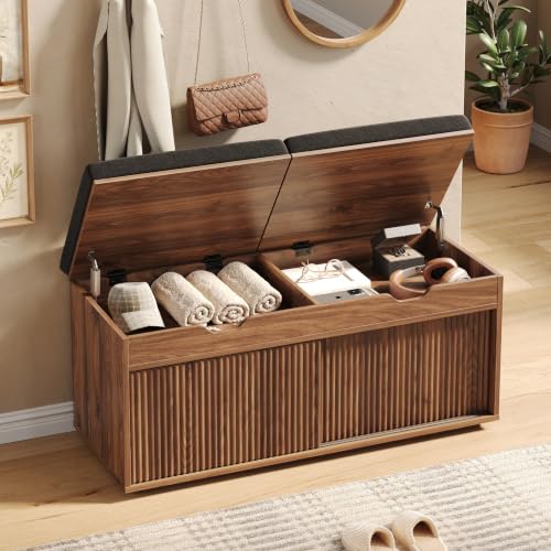 Maupvit 39.4" Fluted Shoe Storage Bench with Lift Top Storage, Entryway Bench with Cushioned Seat, 2-Tier Shoe Cabinet with Sliding Door and Adjustable Shelf for Bedroom, Living Room, Walnut