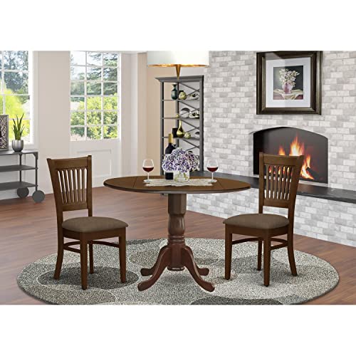 East West Furniture DLVA3-ESP-C 3 Piece Kitchen Table & Chairs Set Contains a Round Dining Room Table with Dropleaf and 2 Linen Fabric Upholstered Chairs, 42x42 Inch, Espresso - color: Dlva3-esp-c