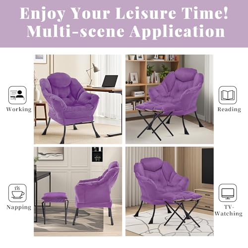 Lazy Chair with Ottoman, Comfy Reading Chair, Purple | Cushioned Seat with Foldable Ottoman and Side Pocket, Lounge Chair for Bedroom, Living Room, Dorm and Small Spaces - color: Purple