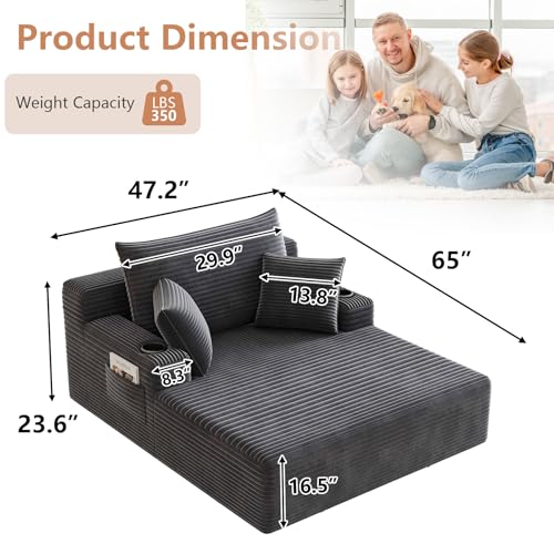 47.24" Oversized Chaise Lounge Chair, Deep Seat Upholstered Cozy Cloud Couch, Modern Corduroy Floor Sleeper Sofa Bed, Reading Chair for Living Room, Bedroom, Apartment, Office, Dark Gray - color: Dark Gray, size: 47.24"