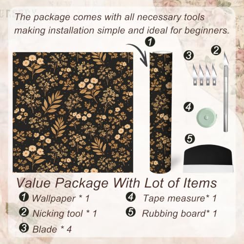 Peel and Stick Wallpaper17.3 X118 in, Dark Floral Leaf, Vintage Self-Adhesive Removable Wall Mural, Waterproof Accent Easy to Install for Living Room Bedroom Kitchen Walls - color: Golden Branch, size: 17.3"X118"