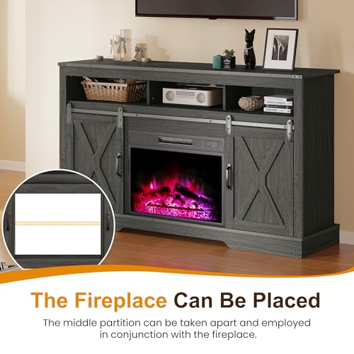 RoyalCraft Farmhouse Fireplace TV Stand for 65+ Inch TV, Entertainment Center with 23" Electric Fireplace with Remote, 34 Tall Modern Rustic TV Console with Sliding Bar Door for Living Room, Dark Grey - color: Dark Grey, style: Electric Fireplace Included