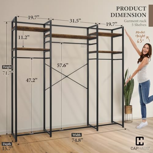 CAPHAUS 913lbs Capacity Garment Rack for Hanging Clothes, Heavy Duty Open Wardrobe w/Hanging Rods, Free Standing Closet Organizer, Clothing Rack, Metal Closet w/Wooden Boards, Rustic Oak Board - color: Rustic Oak, size: 75 Inch