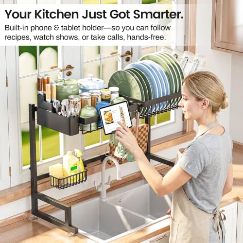 ADBIU Over The Sink Dish Drying Rack (Expandable Height and Length) Snap-On Design 2 Tier Large Dish Rack - color: Black, size: 22.6" - 35.5"(L) x 12"(W) x 19" - 22"(H)