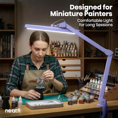 Neatfi XL 2,500 Lumens 30W LED Task Lamp for Manicure Table, Crafts, Workbench, Office – 22” Wide Shade Desk Light | Eye-Caring 6500K | 4-Level Brightness (Lavender, Non-CCT with Clamp) - color: Lavender