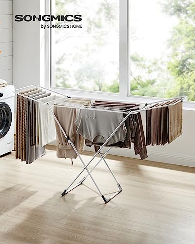 SONGMICS Clothes Drying Rack, Metal Laundry Drying Rack, Foldable, Space-Saving, Free-Standing Airer, with 2 Gullwings, Indoor Outdoor Use, Bed Linen Clothing, White ULLR540W01 - color: White, style: 2 Gullwings(19.7"D)