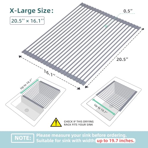 Ohuhu Sink Drying Rack, 20.5" W x 16.1" L Over The Sink Roll-Up Dish Drainer - Rolling Foldable Sink Accessories Heat-Resistant Mat Anti-Slip Silicone Coated Multipurpose for Kitchen Counter - color: Gray, size: 20.5"W x 16.1"L