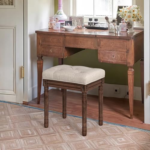 LUE BONA Upholstered Fabric Vanity Bench Seat, Makeup Stools for Vanity, Square Tufted Ottoman Bench with Carved Dark Brown Legs for Bedroom Living Room, Linen Color - color: Linen and Dark Brown