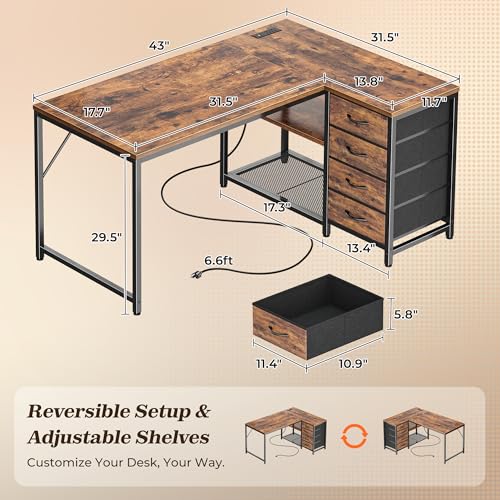 43.3" Small Computer Desk with Power Outlets & USB-C Port | Reversible L Shaped Corner Office Desk with 4 Drawers and 2 Adjustable Storage Shelves, for Gaming Writing, Rustic Brown - color: Rustic Brown, size: 43.3 Inch